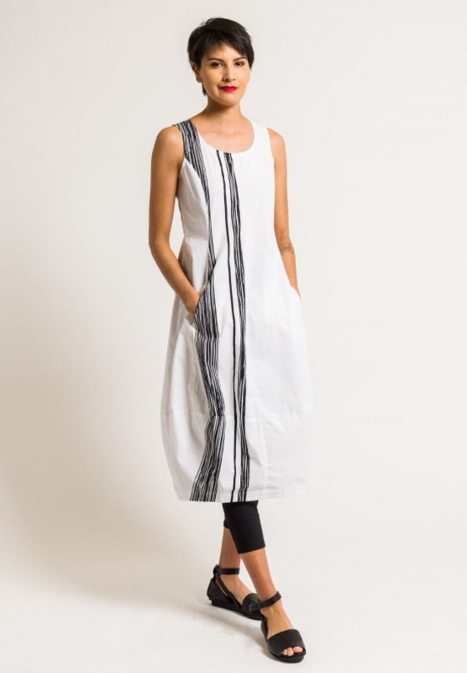 Women's White Sleeveless Dress with Black Stripe Detail